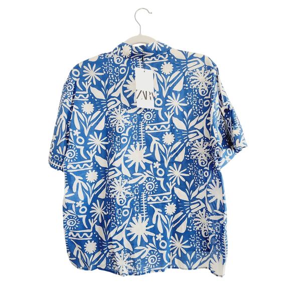 Zara Blue & White Tropical Print Short Sleeve Button Up Top 100% Cotton Medium - Picture 3 of 5
